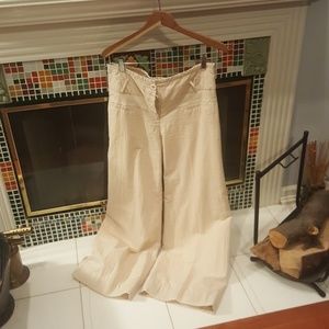 White and tan flare leg seersucker pants